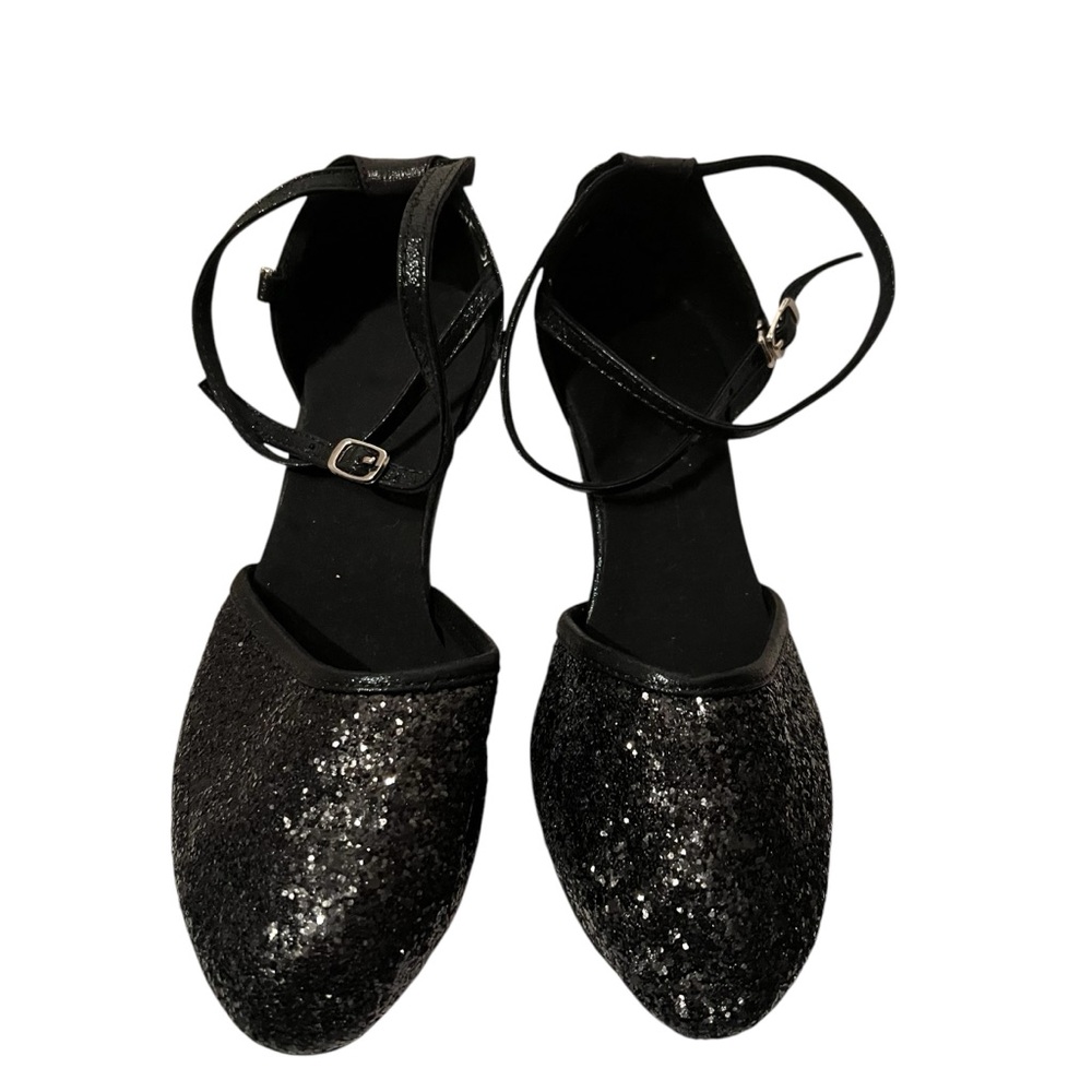 Latin Dance Black Sparkly Shoes With Ankle Straps Size 37 (6 USA)